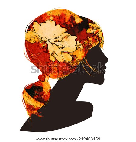 art black silhouette profile of beautiful girl with red floral ponytail hair isolated on white background