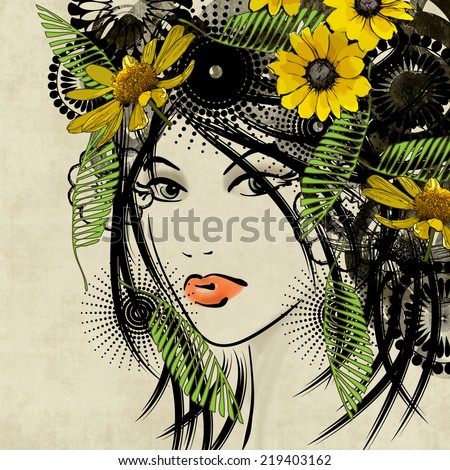 art sketched beautiful girl face with flowers in black hair in colorful graphic on white background