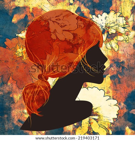 art dark silhouette profile of beautiful girl with red floral ponytail hair on colorful floral background