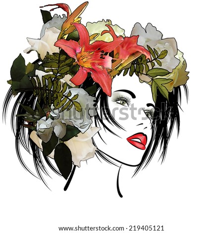 art sketched beautiful girl face with flowers in black hair in colorful graphic isolated on white background