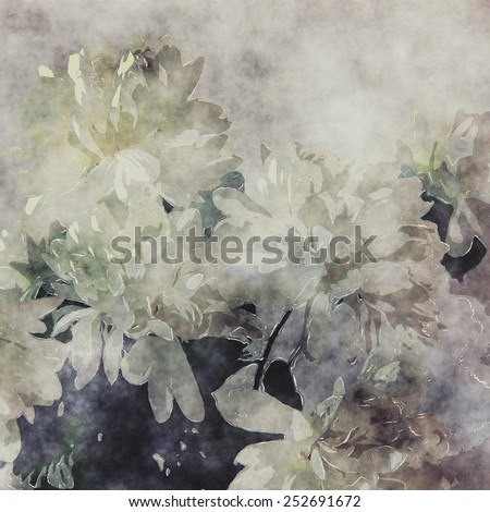 art grunge floral monochrome cool sepia vintage paper textured background with white asters