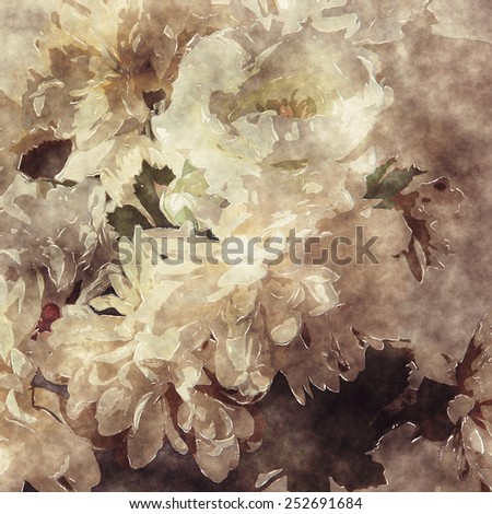 art grunge floral warm sepia vintage paper textured background with white asters