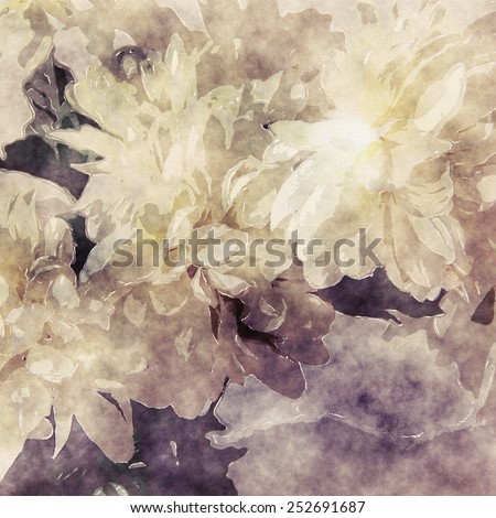 art grunge floral monochrome warm sepia vintage paper textured background with white asters