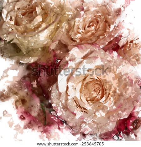 art grunge floral vintage isolated on white watercolor sepia background with tea and pink roses