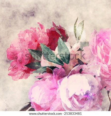 art grunge floral sepia vintage watercolor background with white and pink roses and peonies