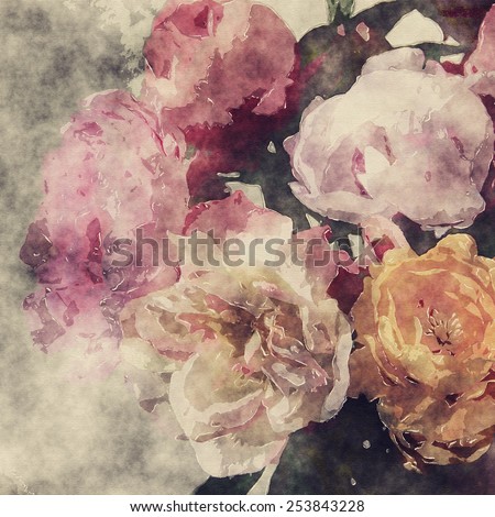 art grunge floral warm sepia vintage watercolor background with white, tea, purple and pink roses and peonies