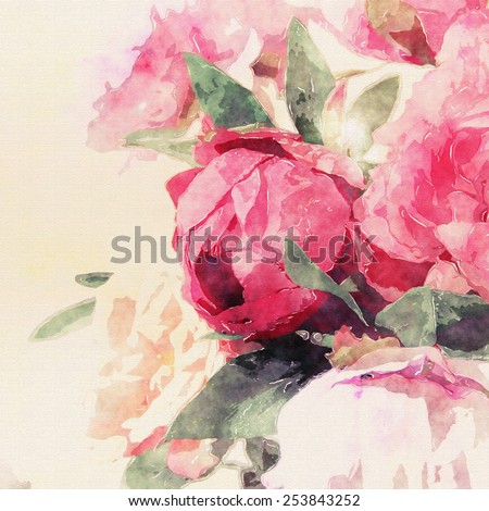 art grunge floral warm sepia vintage watercolor background with white, purple, tea and pink roses and peonies
