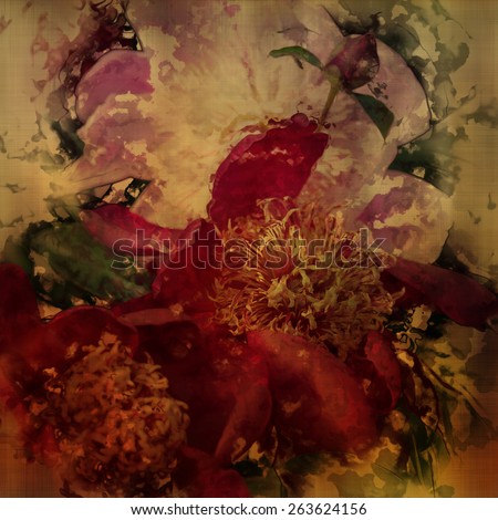art colorful grunge floral watercolor paper textured background with peonies in purple, beige and green colors
