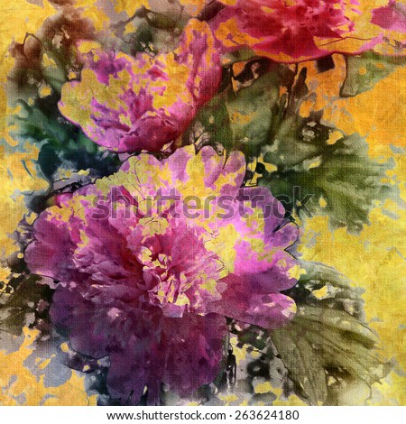art colorful grunge floral watercolor paper textured background with peonies in gold, pink, purple and green colors