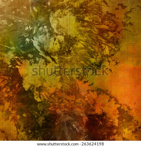 art colorful grunge floral watercolor paper textured background with peonies in gold, orange and green colors