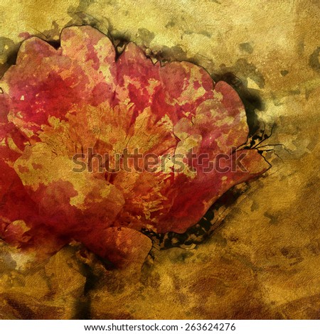 art colorful grunge floral watercolor paper textured background with peonies in gold, pink and green colors
