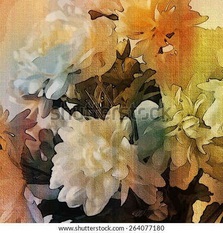 art colorful grunge floral watercolor paper textured background with white asters  in white, orange, gold, grey and black colors