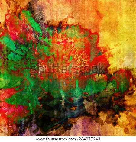 art colorful grunge floral watercolor paper textured background with peonies in gold, red, green and blue colors