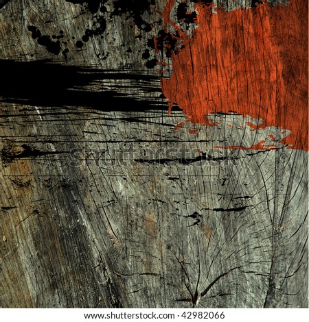 art abstract grunge graphic wood textured background with inkblots in grey, black and orange colors