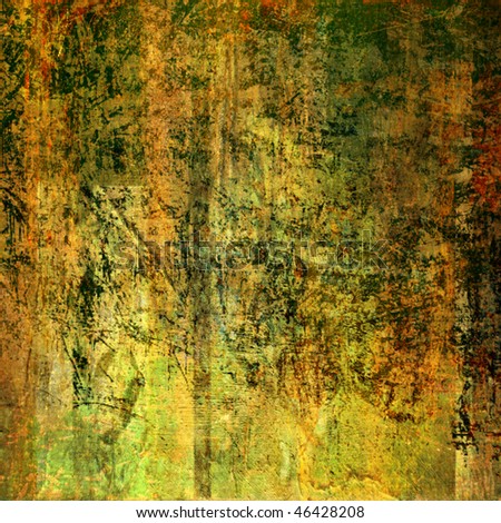 art grunge vintage textured golden background with green, black and orange blots