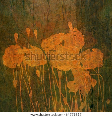 art stylization floral grunge graphic background in orange and green colors, for family holidays