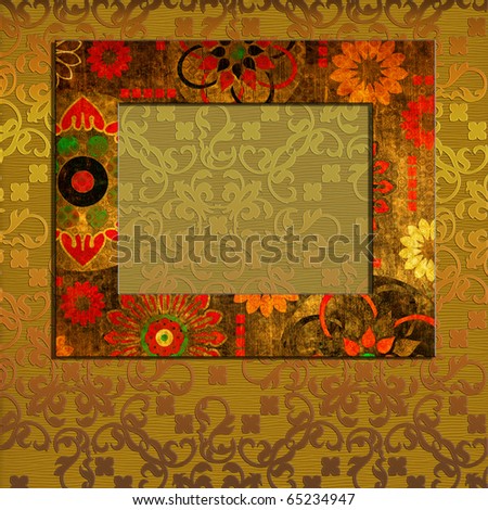 art horizontal golden and red frame with floral ornament on golden pattern background