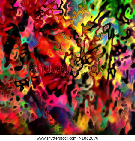 art abstract chaotic rainbow blurred blots pattern background with bright red, fuchsia, yellow gold and green colors
