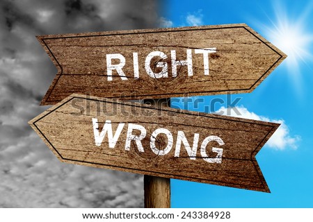 Right Or Wrong concept road sign with cloudy and sunny sky background.