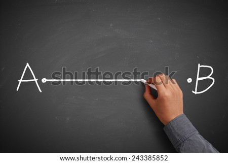 Hand with chalk drawing straight line from point A to point B on chalkboard.