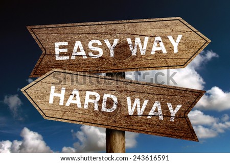 Easy Way And Hard Way concept road sign with blue sky background.