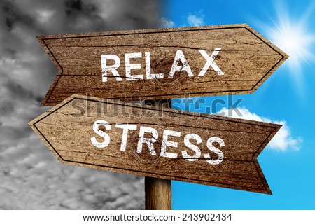 Relax Or Stress concept road sign with cloudy and sunny sky background.