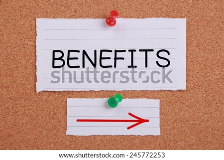Benefits Direction note paper pinned on cork board.