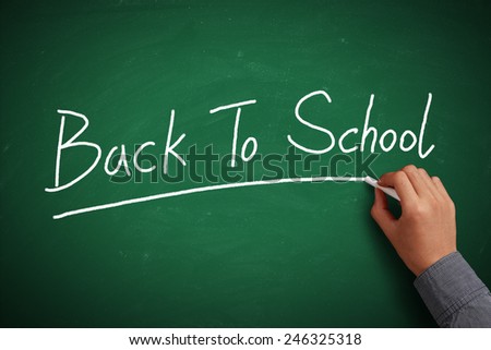 Hand with white chalk writing \'Back To School\' on chalkboard.