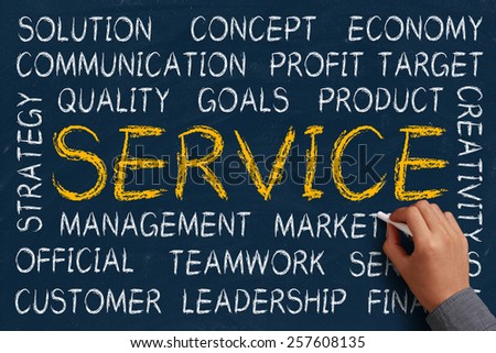 Service word cloud is written on blue chalkboard by the hand of a businessman.
