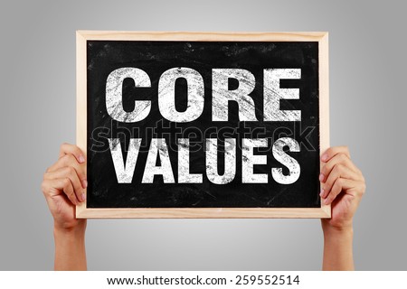 Hands are holding the blackboard of Core Values with gray background.