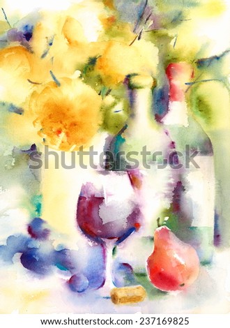 Fruit And Wine Bottles Hand Painted Watercolor