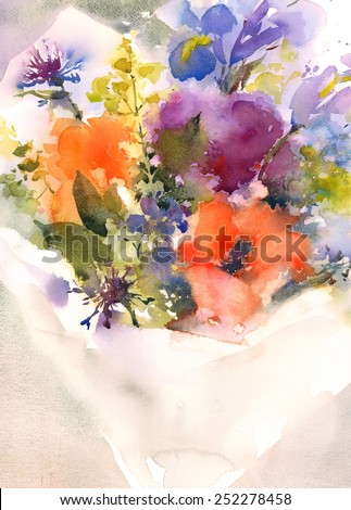 Watercolor Flowers Farmers Market Bouquet Abstract Floral Background Texture Hand Painted