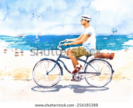Man On Bike Summer Beach Scene Watercolor Illustration Hand Painted