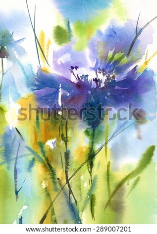 Watercolor Blue Flower Cornflower Abstract Floral Background Texture Hand Painted Illustration