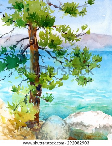 Watercolor Pine Tree with a Beautiful Teal Blue Lake and Mountains on the Background Hand Painted Nature Landscape Illustration