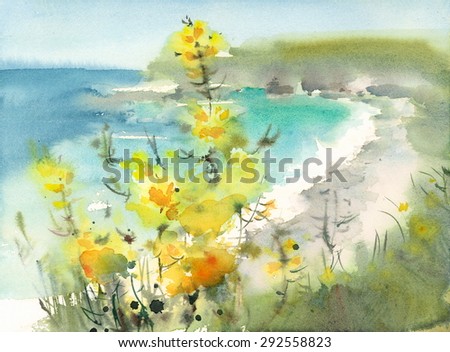 Watercolor California Coast Seascape Scenic Ocean Shore with Yellow Flowers Hand Painted Illustration