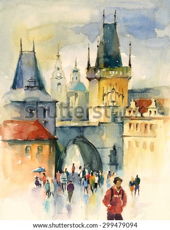 Watercolor Urban Scene with Walking People Hand Painted Illustration