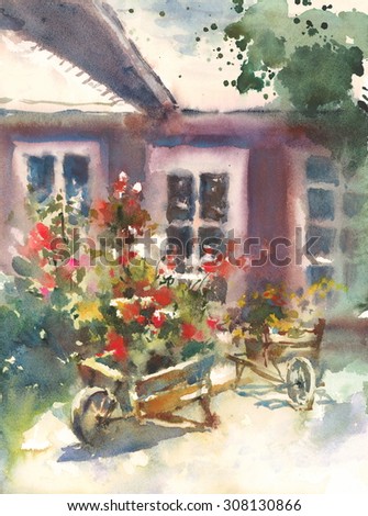 Watercolor Old Rustic House and Wooden Flower Carts Hand Painted Illustration