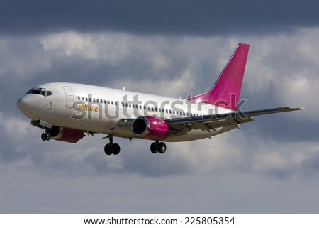 Luqa, Malta, December 20, 2008: Jet Time (FlyLAL - Lithuanian Airlines) Boeing 737-35B landing on runway 31.