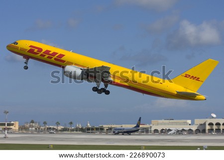 Luqa, Malta January 29, 2011: DHL (European Air Transport - EAT) Boeing 757-236(SF) taking off.