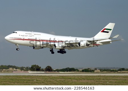 Luqa, Malta September 23, 2004: United Arab Emirates Dubai Air Wing Boeing 747-422 finals runway 32.