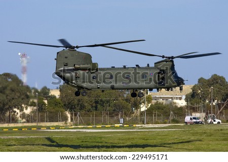 Luqa, Malta March 9, 2011: Royal Air Force Boeing Chinook HC2 (352) landing in Malta during the Libyan crisis.