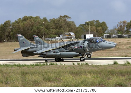 Luqa, Malta September 27, 2010: 2 Royal Air Force British Aerospace Harrier GR9\'s departing back to base runway 13.