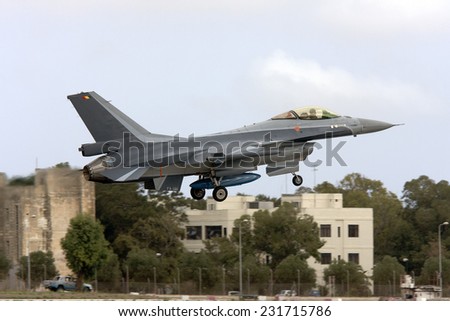 Luqa, Malta September 27, 2010: Belgian Air Force General Dynamics (SABCA) F-16AM Fighting Falcon departing back to base runway 13.