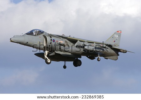Luqa, Malta September 26, 2008: Royal Air Force British Aerospace Harrier GR9A finals runway 31.