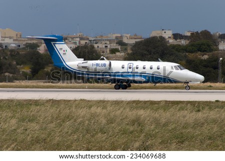 Luqa, Malta April 24, 2005: Cessna 650 Citation VI performing runway instruments calibration.