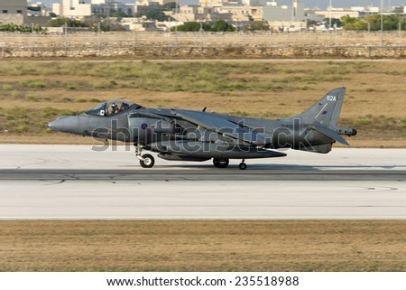 Luqa, Malta August 22, 2007: Royal Air Force British Aerospace Harrier GR9A just landed runway 31.