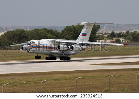 Luqa, Malta August 11, 2005: MChS Rossii (Russian Ministry for Emergency Situations) Ilyushin Il-76TD taking off from runway 14.