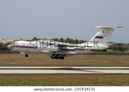 Luqa, Malta August 11, 2005: MChS Rossii (Russian Ministry for Emergency Situations) Ilyushin Il-76TD taking off from runway 14.