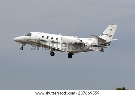 Luqa, Malta September 25, 2014: Private Cessna 560XL Citation Excel takes off from runway 31.